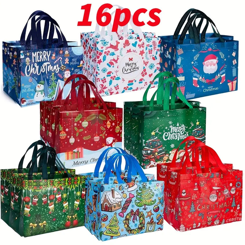 8/16pcs Set Large Christmas Gift Bags with Handles - Reusable Non-Woven Tote Bags for Holiday Shopping & Decor, Durable & Foldable, Featuring Santa, Elk, Tree Designs - 12.8"x9.8"x6.7"