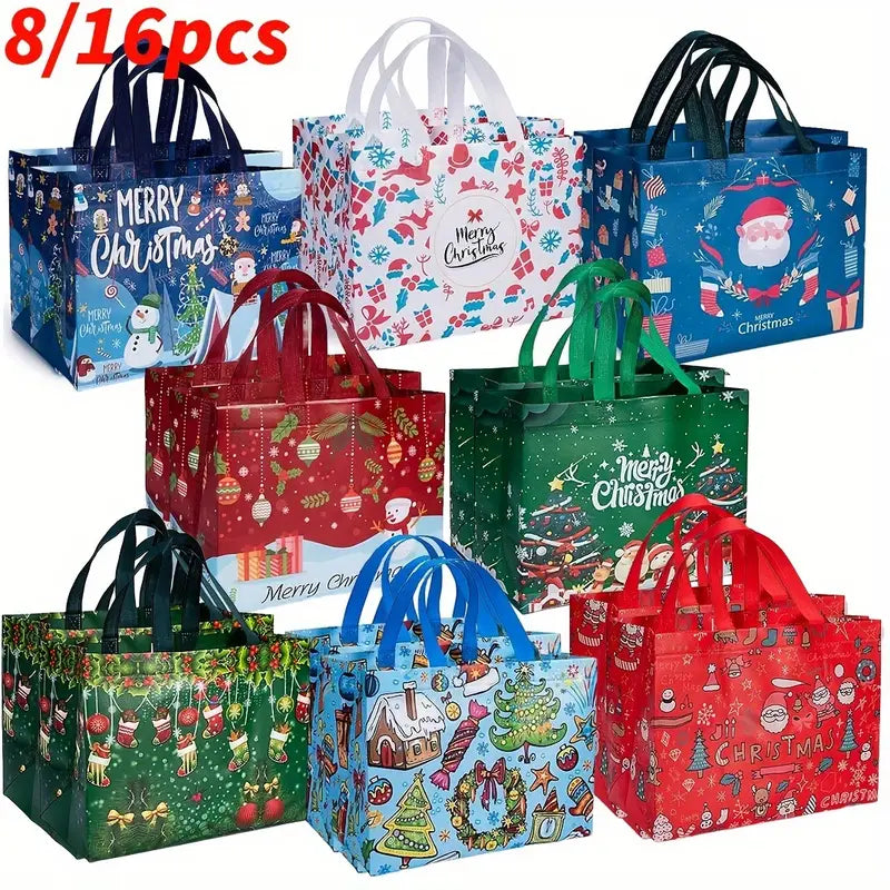 8/16pcs Set Large Christmas Gift Bags with Handles - Reusable Non-Woven Tote Bags for Holiday Shopping & Decor, Durable & Foldable, Featuring Santa, Elk, Tree Designs - 12.8"x9.8"x6.7"