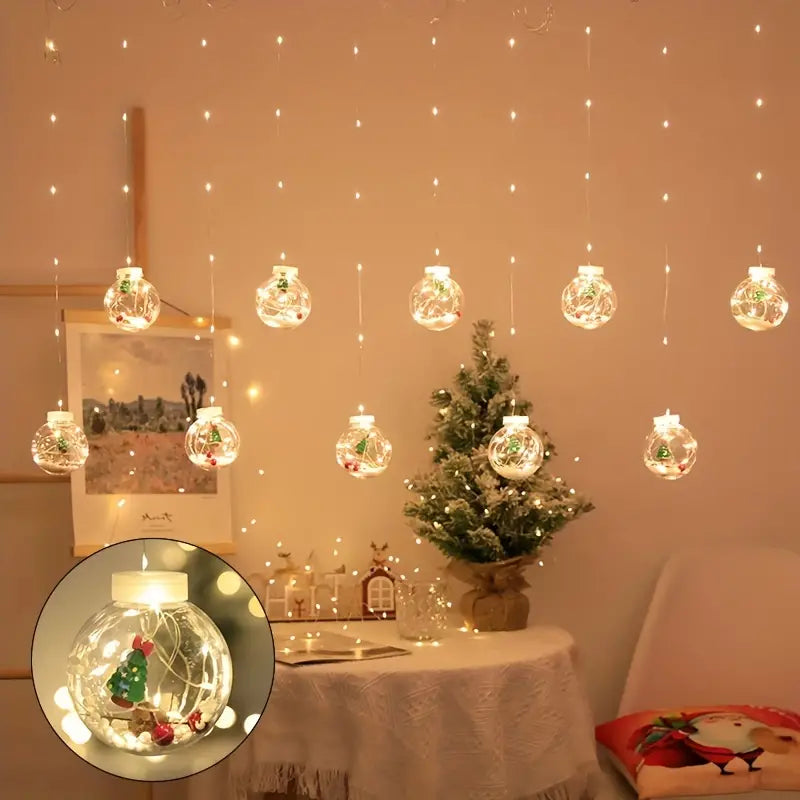 Warm & Festive USB-Powered LED Curtain Lights: Santa & Snowman Designs with Yellow Blinking Effect - Ideal for All Holidays