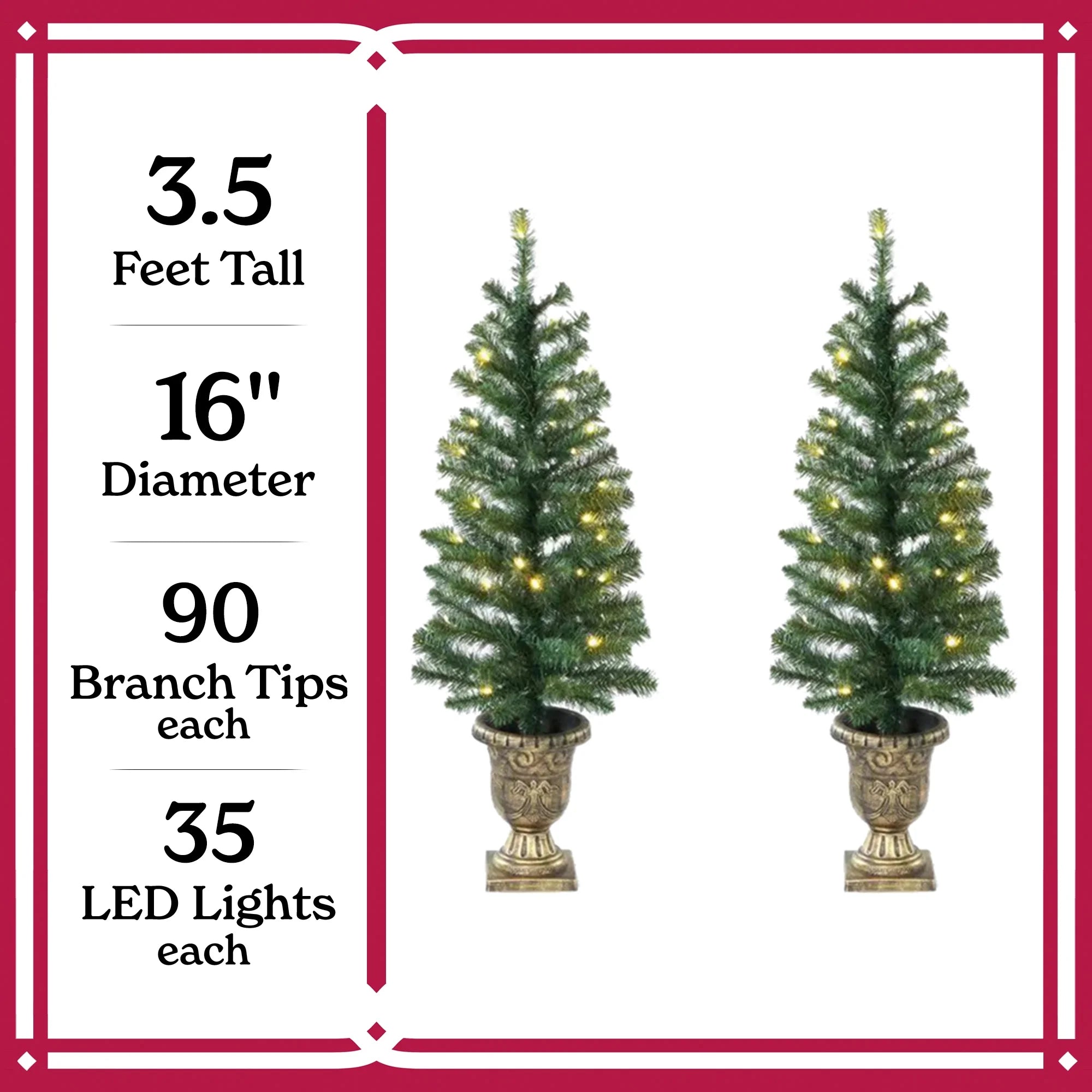 3.5 ft Pre-Lit Artificial Porch Christmas Trees with LED Lights, 2 Count, by Holiday Time