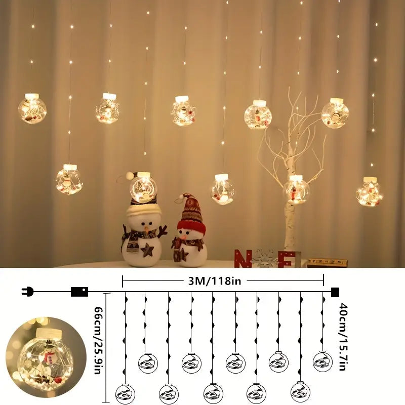 Warm & Festive USB-Powered LED Curtain Lights: Santa & Snowman Designs with Yellow Blinking Effect - Ideal for All Holidays