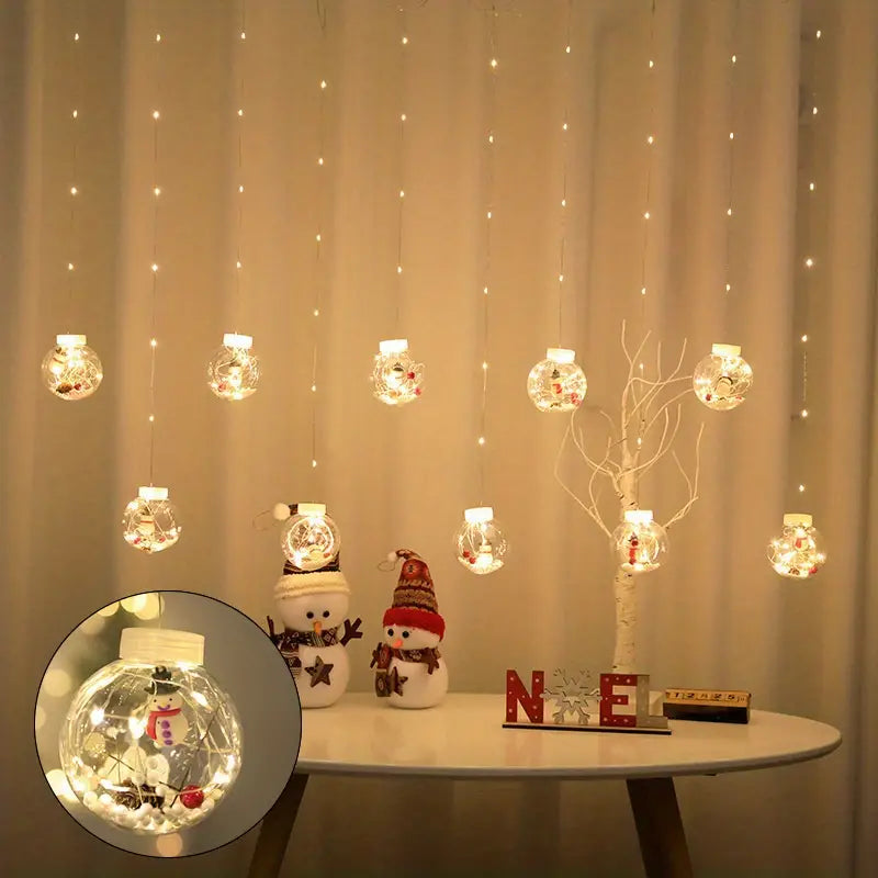 Warm & Festive USB-Powered LED Curtain Lights: Santa & Snowman Designs with Yellow Blinking Effect - Ideal for All Holidays